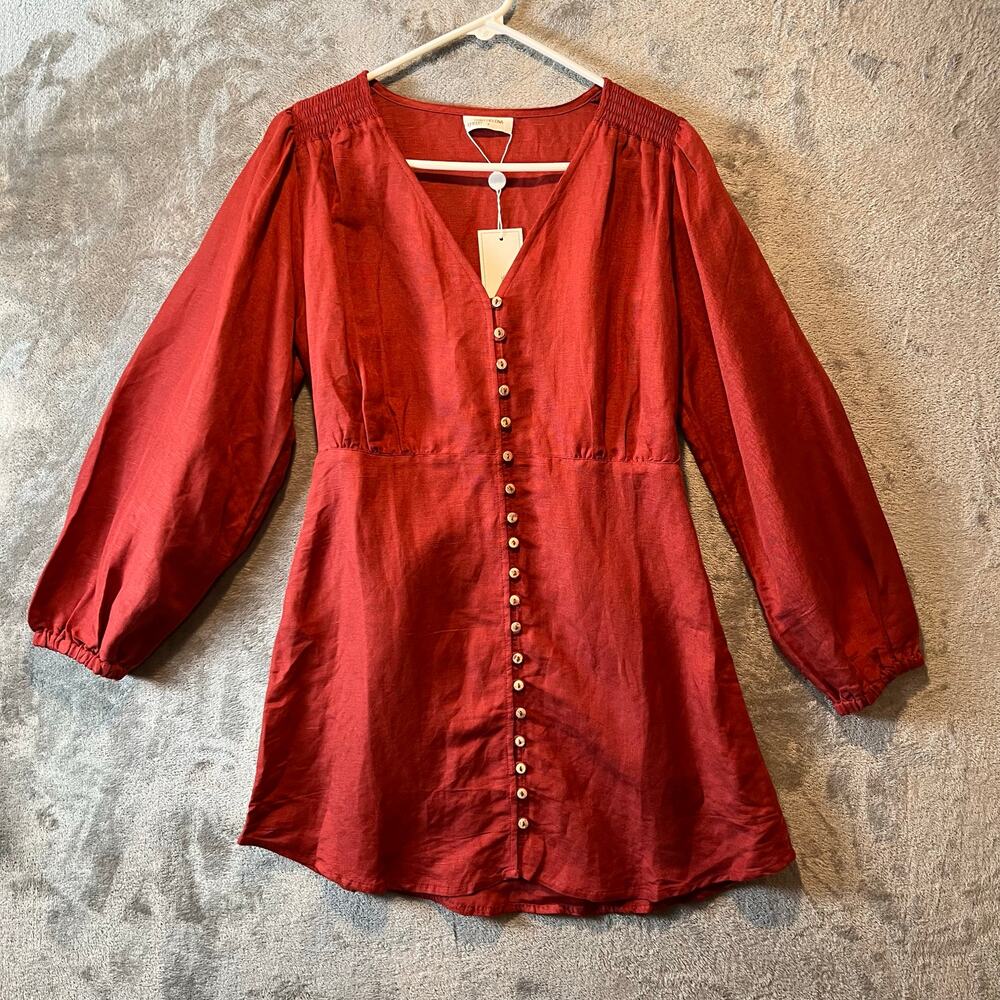 Saint Helena Cleo Mini Dress Linen Blend Size Small Rust Orange‎ New